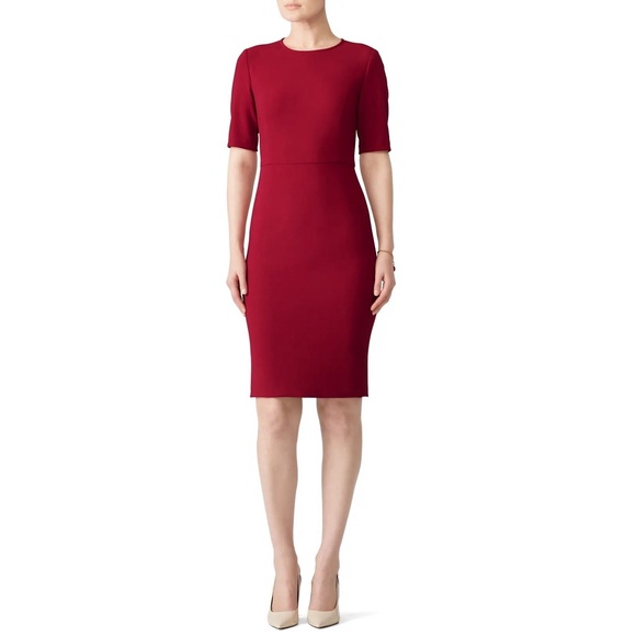 Trina Turk Diamanté Elbow Sleeve Garnet Red Midi Sheath Dress